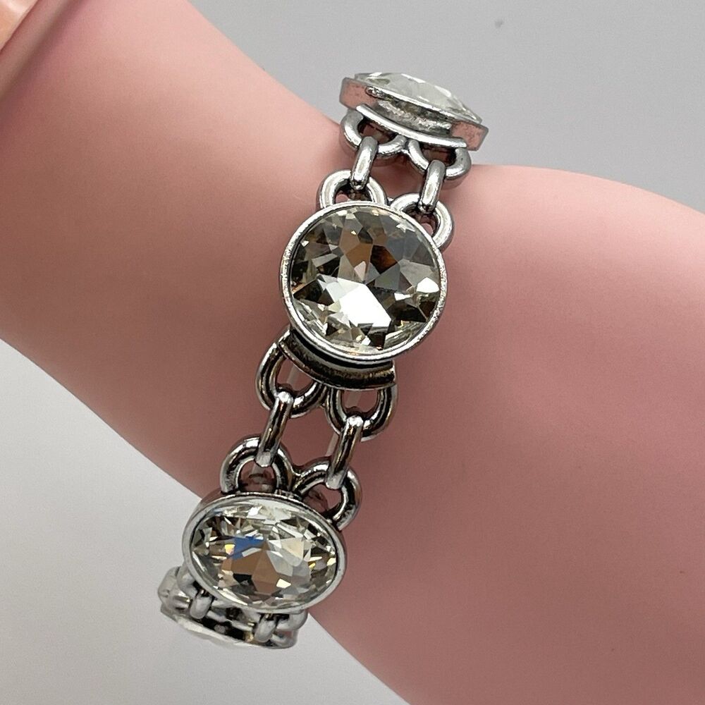Silver Tone White Round Cut Glass Rhinestone Stretch Bracelet Boho Bold Fashion